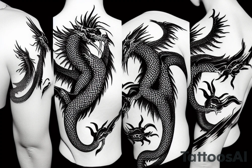 Black dragon flying over the mountains tattoo idea
