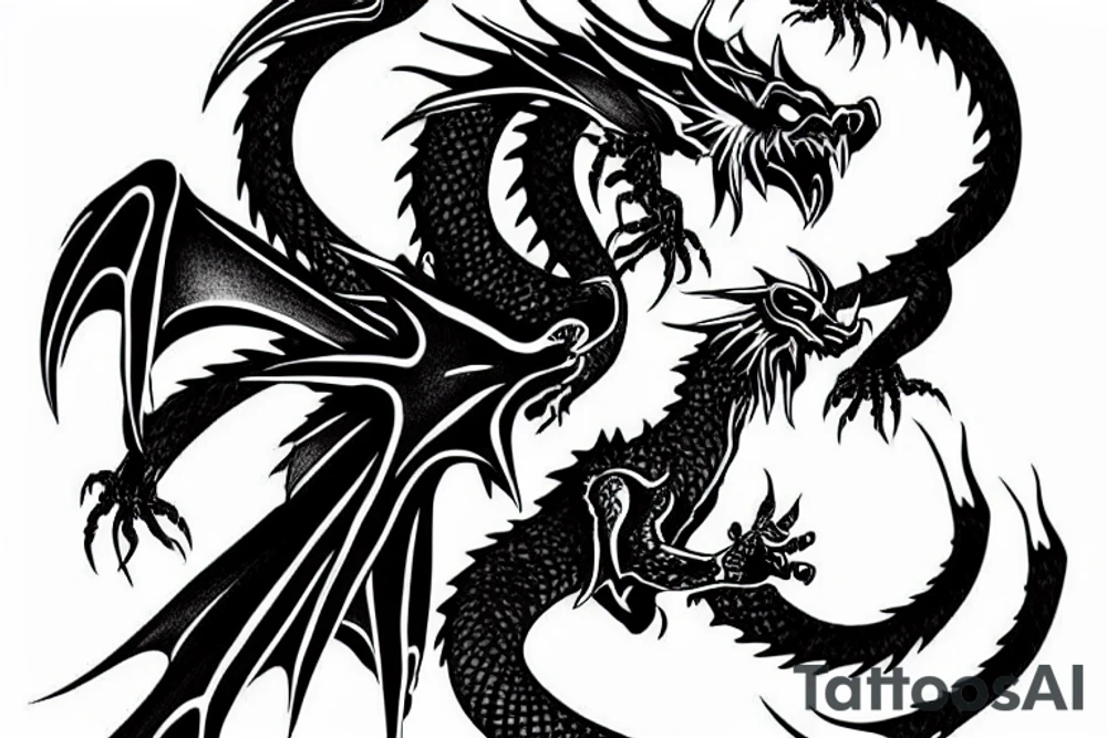 Black dragon flying over the mountains tattoo idea