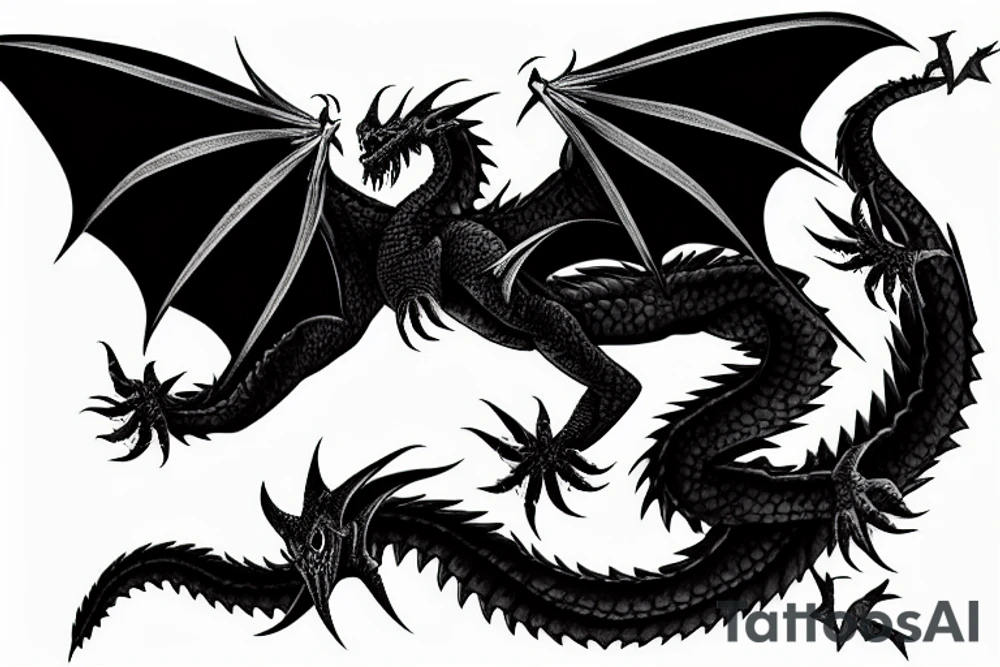 Black dragon flying over the mountains tattoo idea