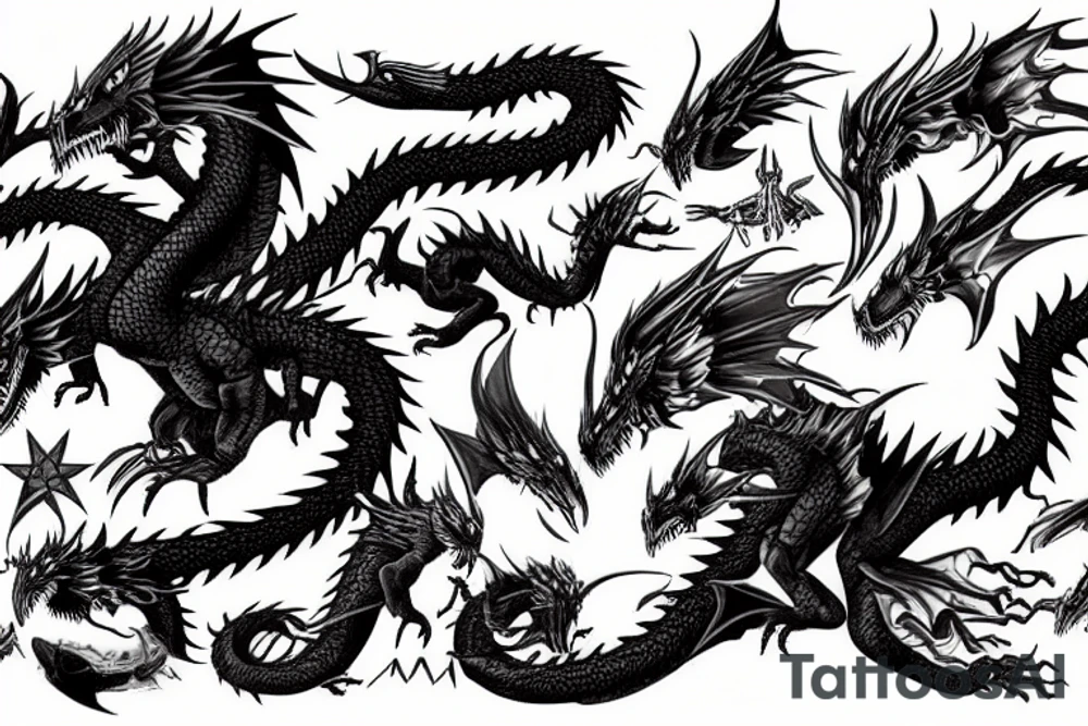 Black dragon flying over the mountains tattoo idea