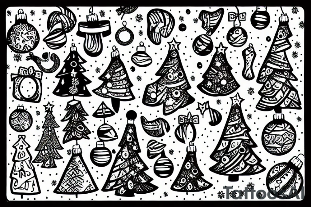 Christmas tree with lights and baubles on it and presents underneath tattoo idea