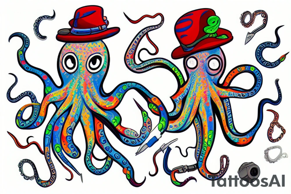 Colourful Octopus wearing a hat with a tool in each arm tattoo idea