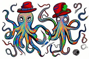 Colourful Octopus wearing a hat with a tool in each arm tattoo idea