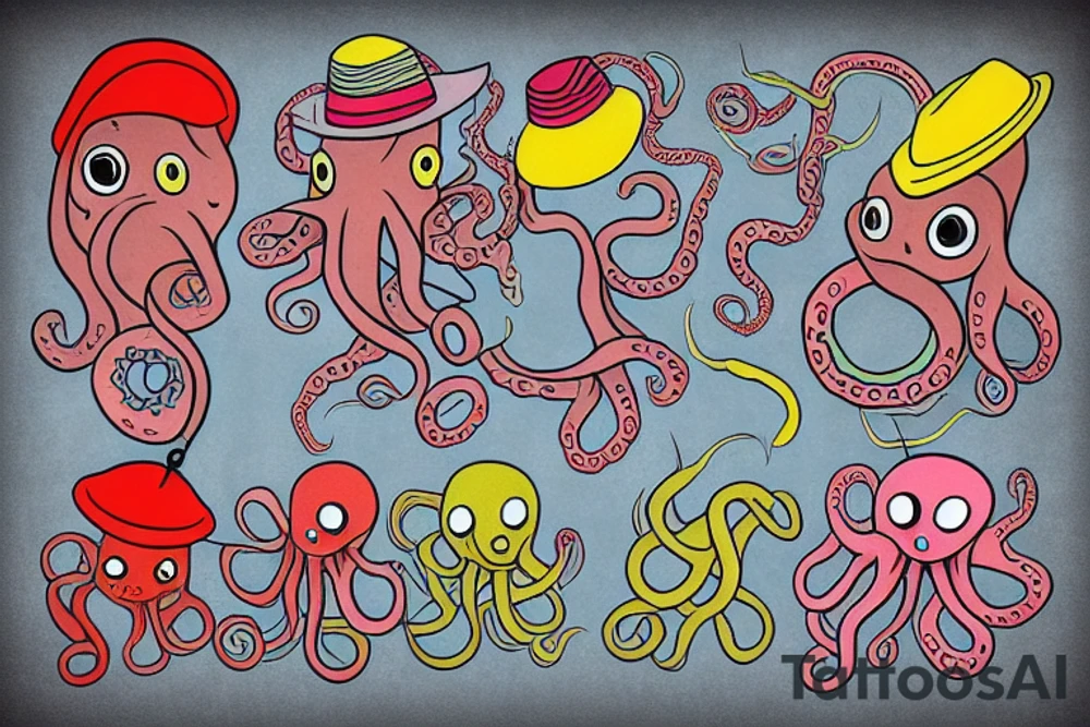 Colourful Octopus wearing a hat with a tool in each arm tattoo idea