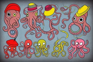 Colourful Octopus wearing a hat with a tool in each arm tattoo idea