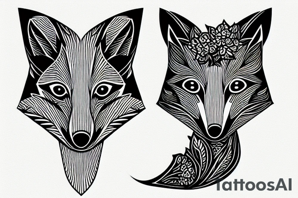 a fox with an iris flower looking like firefow logo in an origami style tattoo idea