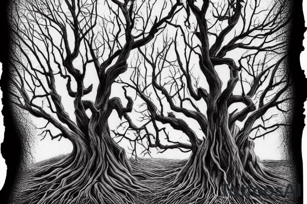 Eerie tall tree with twisted branches with twisted stump and roots, with two ravens flying overhead and a snarling wolf at the base of the tree looking towards you tattoo idea