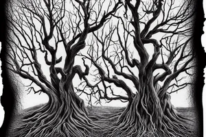 Eerie tall tree with twisted branches with twisted stump and roots, with two ravens flying overhead and a snarling wolf at the base of the tree looking towards you tattoo idea