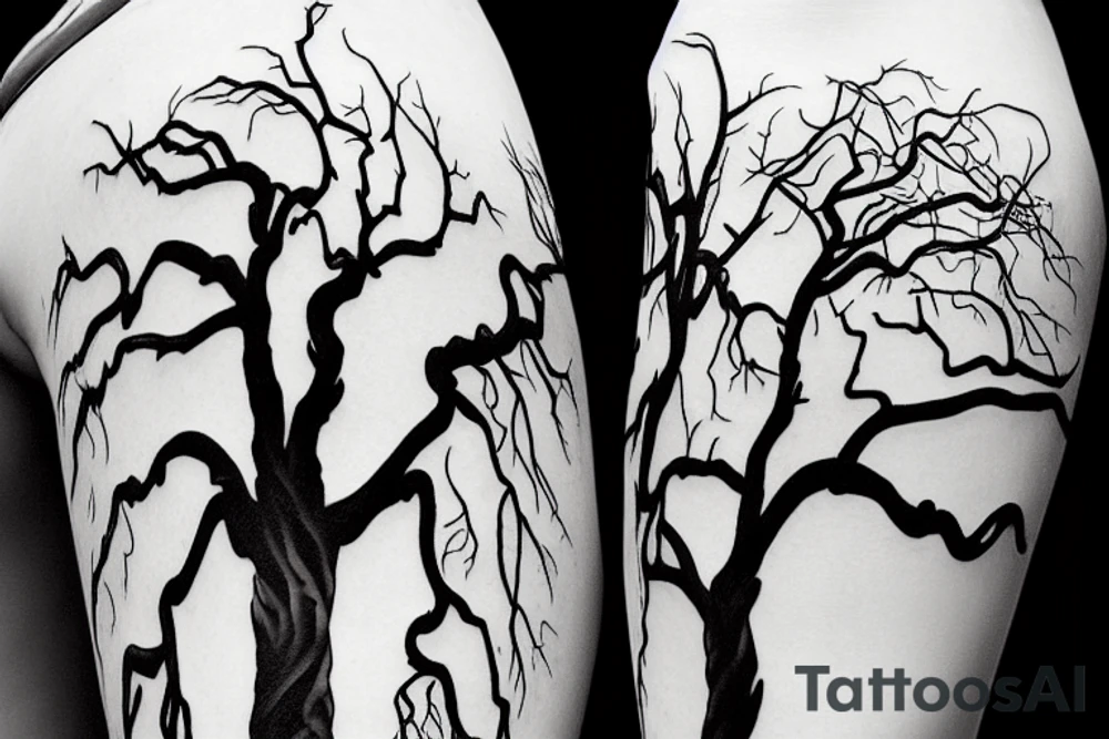 Eerie tall tree with twisted branches with twisted stump and roots, with two ravens flying overhead and a snarling wolf at the base of the tree looking towards you tattoo idea