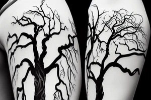 Eerie tall tree with twisted branches with twisted stump and roots, with two ravens flying overhead and a snarling wolf at the base of the tree looking towards you tattoo idea