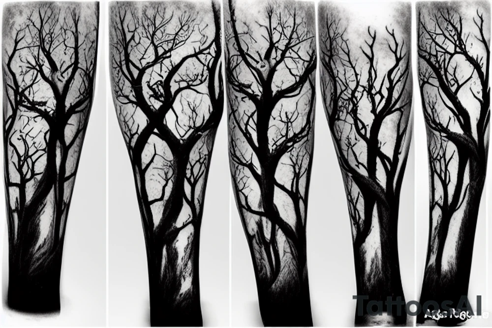 Single Eerie tall tree with twisted branches with twisted stump and roots, with two ravens flying overhead and a snarling wolf at the base of the tree looking towards you realistic tattoo idea