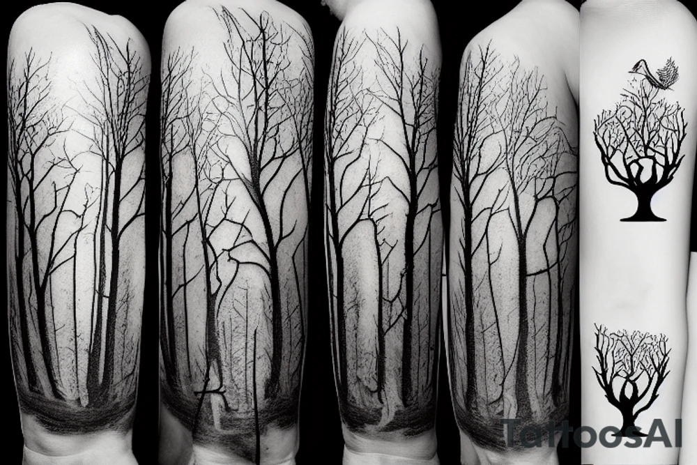 Single Eerie tall tree with twisted branches with twisted stump and roots, with two ravens flying overhead and a snarling wolf at the base of the tree looking towards you realistic tattoo idea