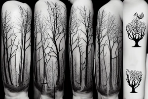 Single Eerie tall tree with twisted branches with twisted stump and roots, with two ravens flying overhead and a snarling wolf at the base of the tree looking towards you realistic tattoo idea