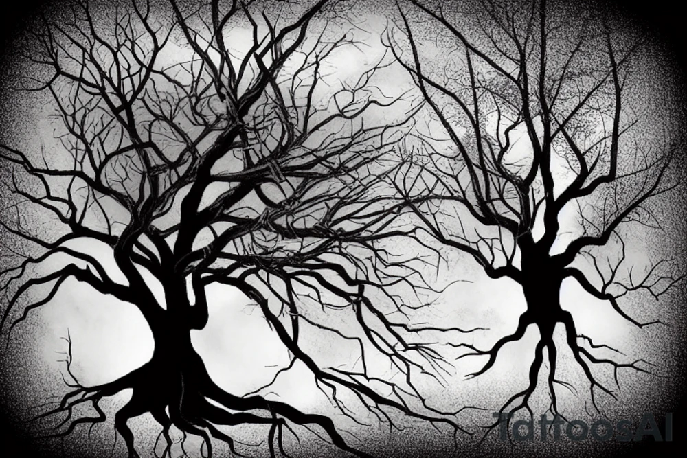 Single Eerie tall tree with twisted branches with twisted stump and roots, with two ravens flying overhead and a snarling wolf at the base of the tree looking towards you realistic on right side of ribs tattoo idea