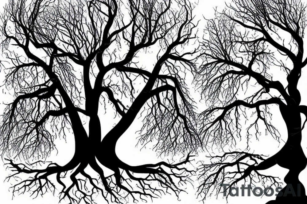Single Eerie tall tree with twisted branches with twisted stump and roots, with two ravens flying overhead and a snarling wolf at the base of the tree looking towards you realistic on right side of ribs tattoo idea