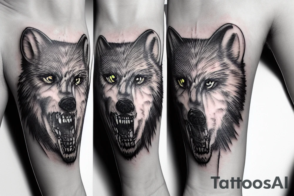 Half white wolf head have grizzly bear head combined with teeth tattoo idea