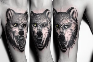 Half white wolf head have grizzly bear head combined with teeth tattoo idea