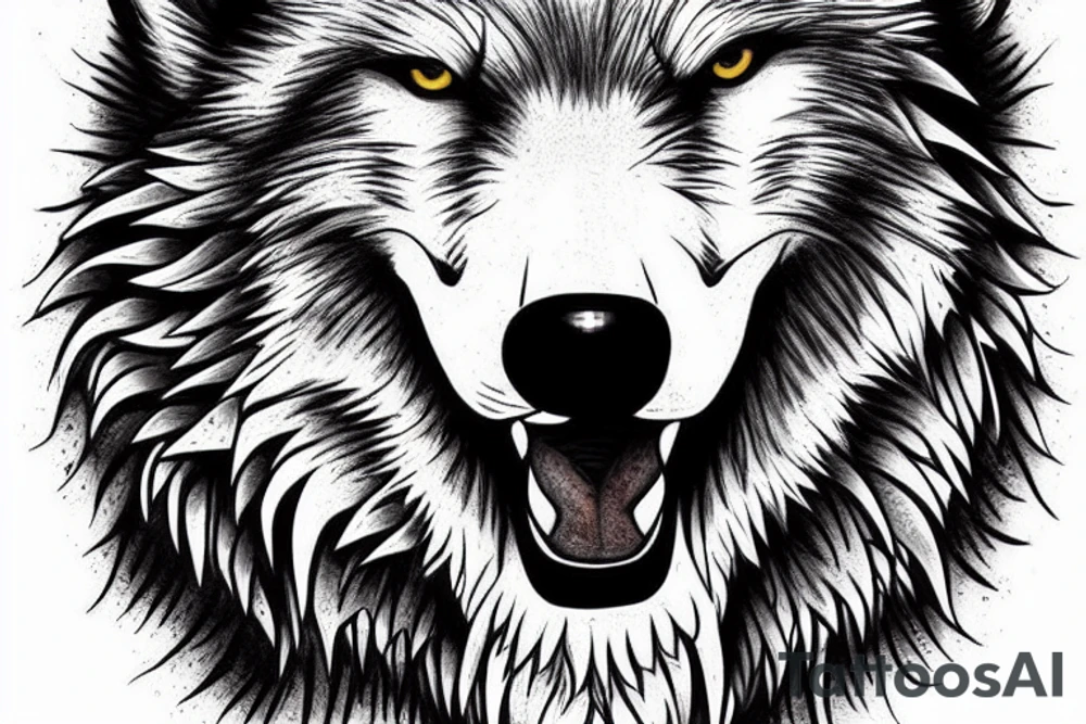 Half white wolf head have grizzly bear head combined with teeth tattoo idea