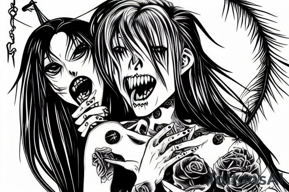 dead vampire with long hair, eating the neck of his blond anime girl with big titts tattoo idea
