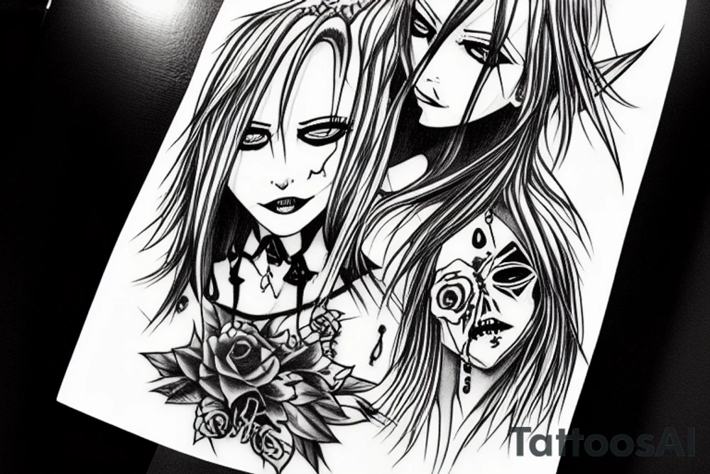 dead vampire with long hair, eating the neck of his blond anime girl with big tiddies tattoo idea