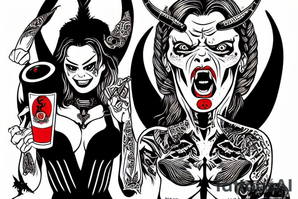 satan havin a beer with Margot Robbie in Japan tattoo idea