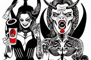 satan havin a beer with Margot Robbie in Japan tattoo idea