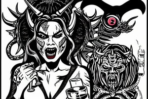 satan havin a beer with Margot Robbie in Japan tattoo idea