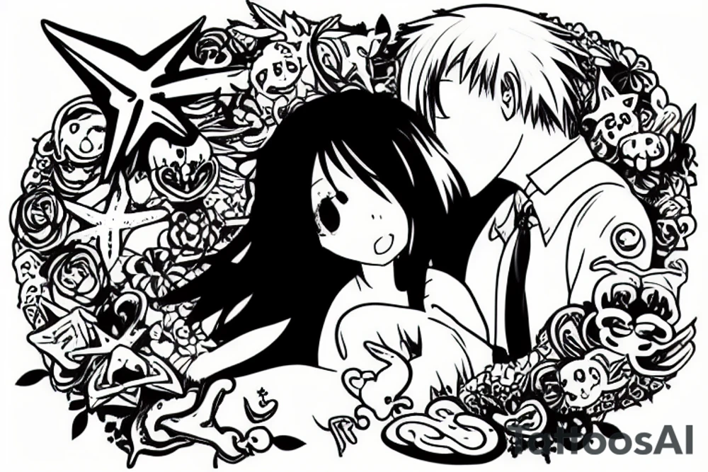 Elmo kissing anime girl  on the beach tattoo idea