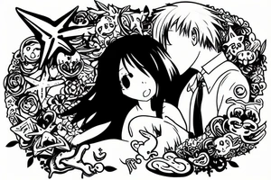 Elmo kissing anime girl  on the beach tattoo idea