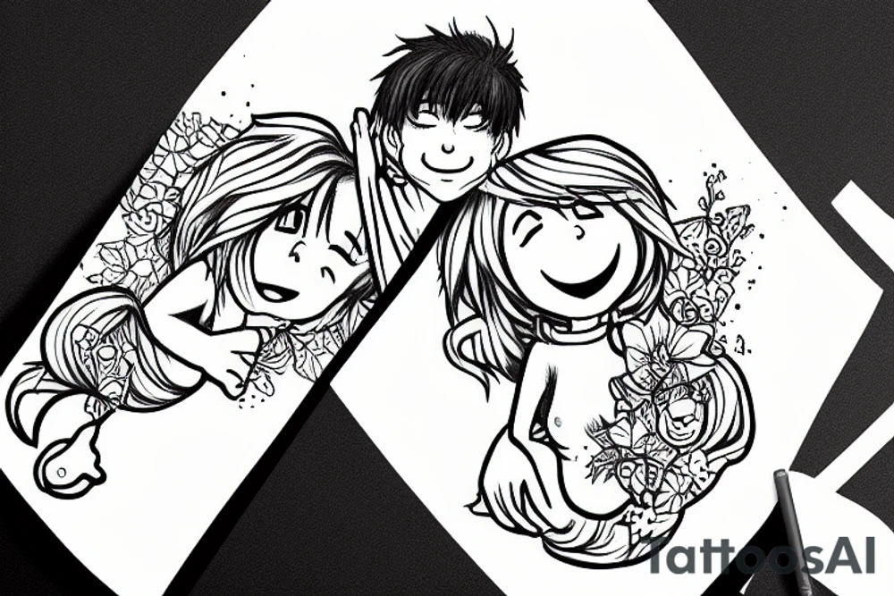 Elmo kissing anime girl  on the beach tattoo idea