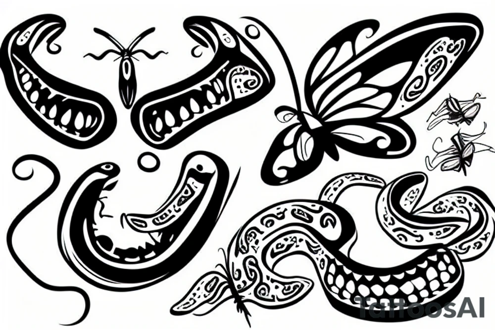 Snake heads with open mouths turned into a butterfly tattoo idea