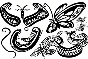 Snake heads with open mouths turned into a butterfly tattoo idea