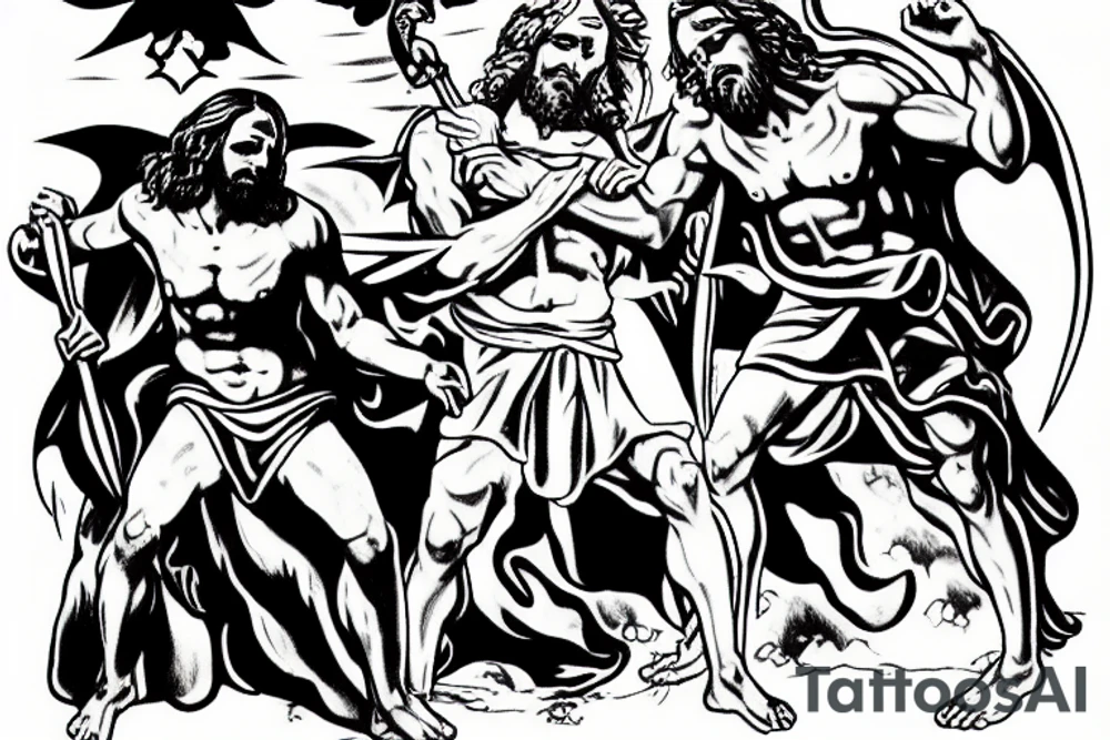 Jesus vs satan on the battlefield of Armageddon tattoo idea