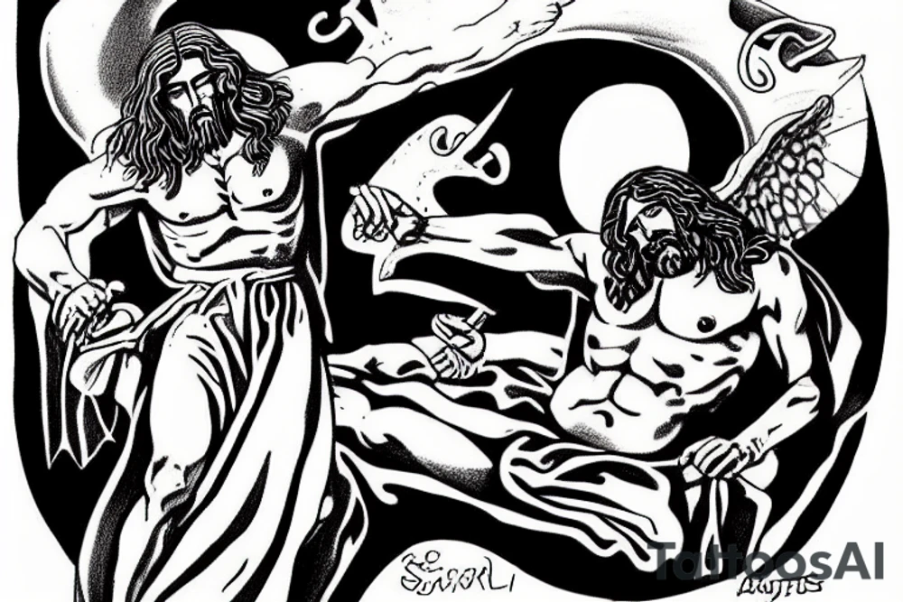 Jesus vs satan on the battlefield of Armageddon tattoo idea