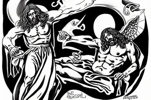 Jesus vs satan on the battlefield of Armageddon tattoo idea