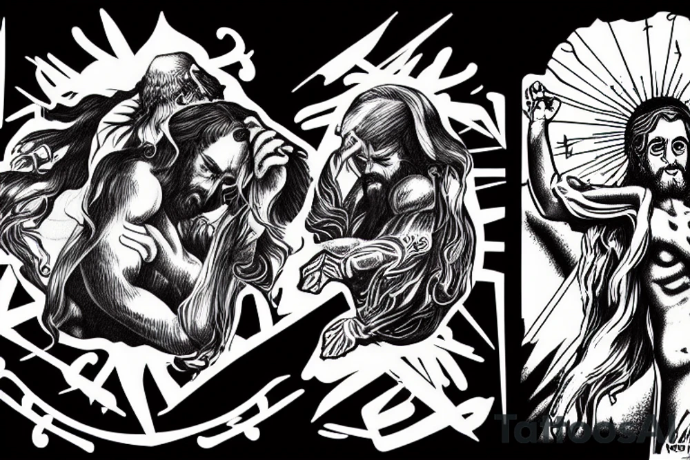 Jesus vs satan on the battlefield of Armageddon tattoo idea