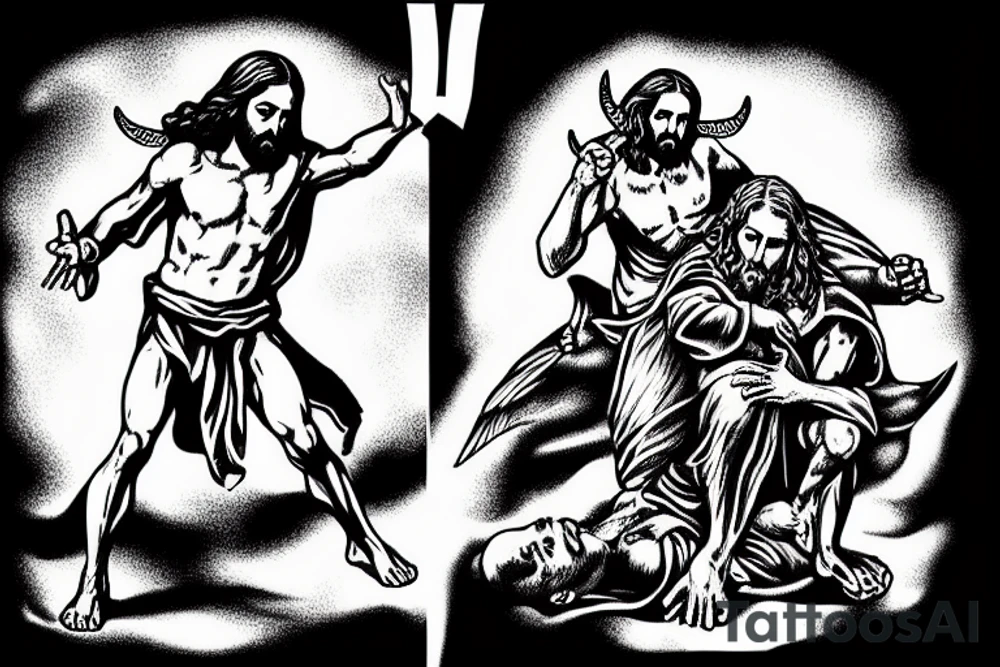 Jesus vs satan on the battlefield of Armageddon tattoo idea