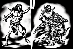 Jesus vs satan on the battlefield of Armageddon tattoo idea