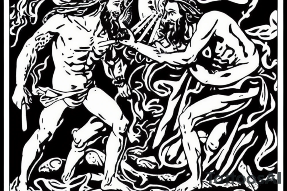 Jesus vs satan on the battlefield of Armageddon tattoo idea