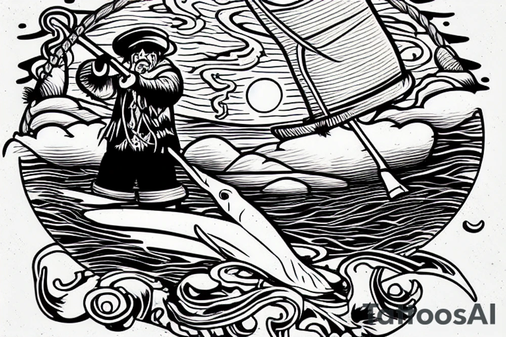 fisherman with strawhat over a lake. It is possible to see moon in the sky and creatures in depth of a lake tattoo idea