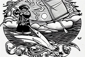 fisherman with strawhat over a lake. It is possible to see moon in the sky and creatures in depth of a lake tattoo idea