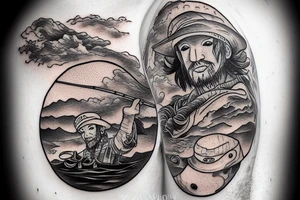fisherman with strawhat over a lake. It is possible to see moon in the sky and creatures in depth of a lake tattoo idea