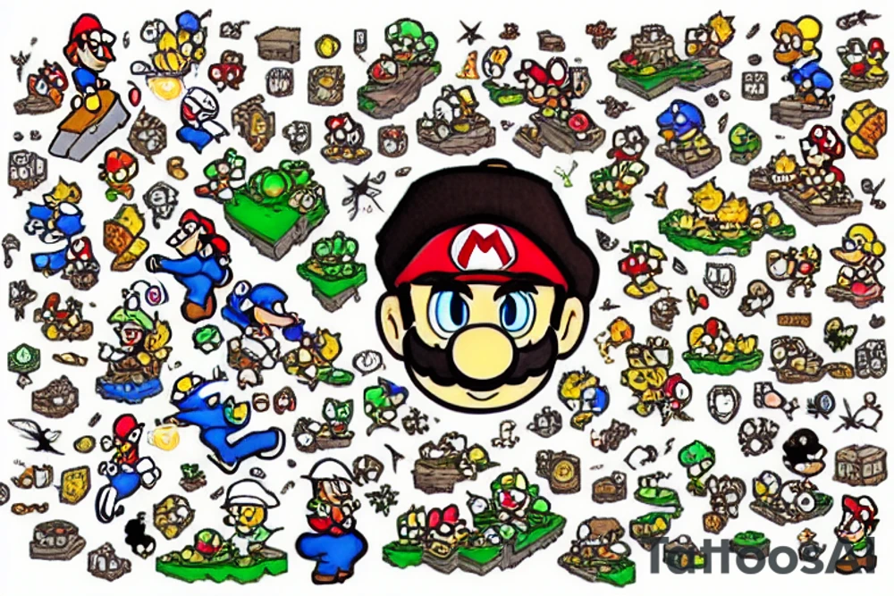 super mario world universe with pixels and glitch tattoo idea