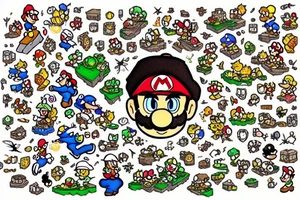super mario world universe with pixels and glitch tattoo idea