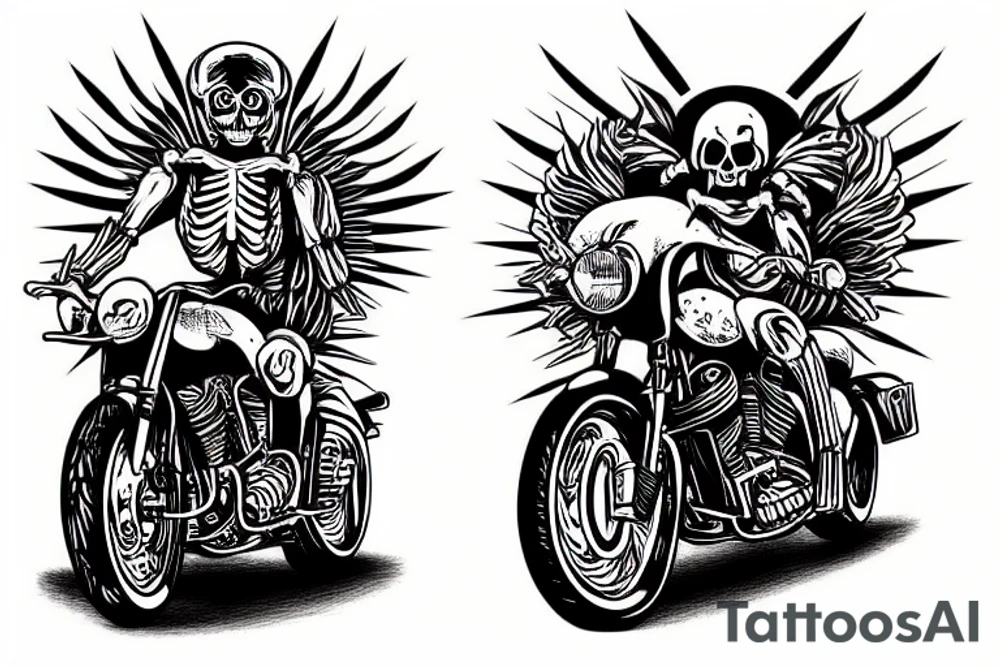 skeleton riding a motorcycle really fast in flames into the sunset tattoo idea