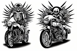 skeleton riding a motorcycle really fast in flames into the sunset tattoo idea