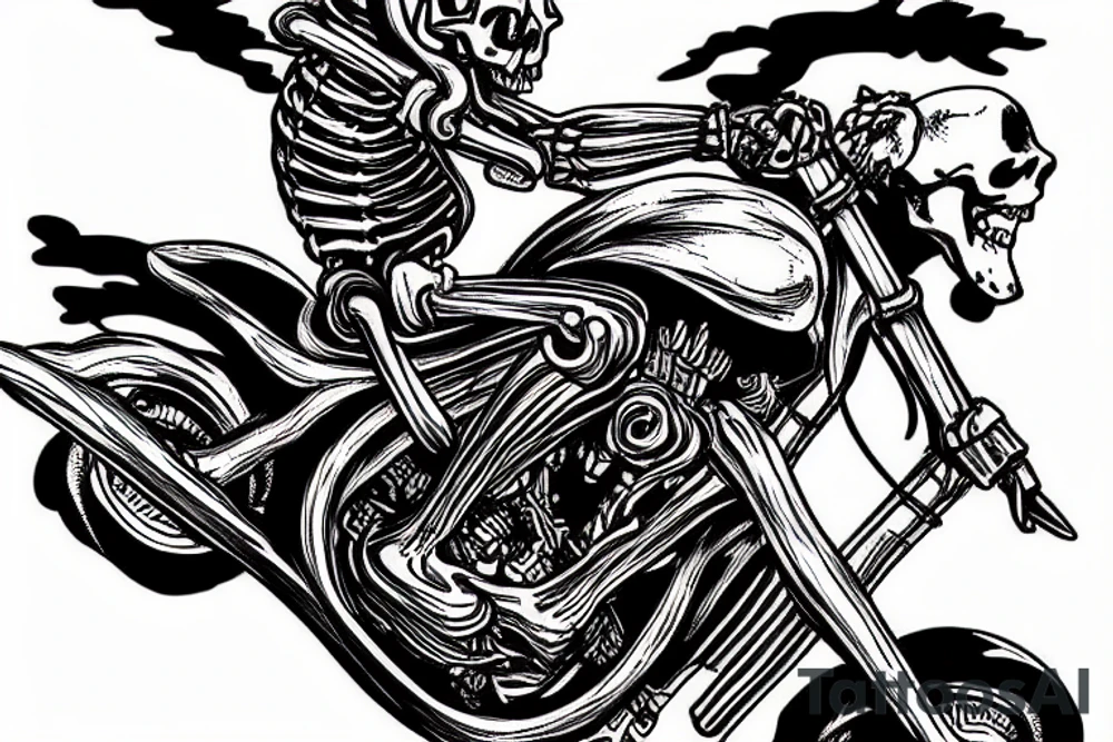 skeleton riding a motorcycle really fast in flames into the sunset tattoo idea