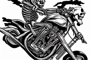 skeleton riding a motorcycle really fast in flames into the sunset tattoo idea