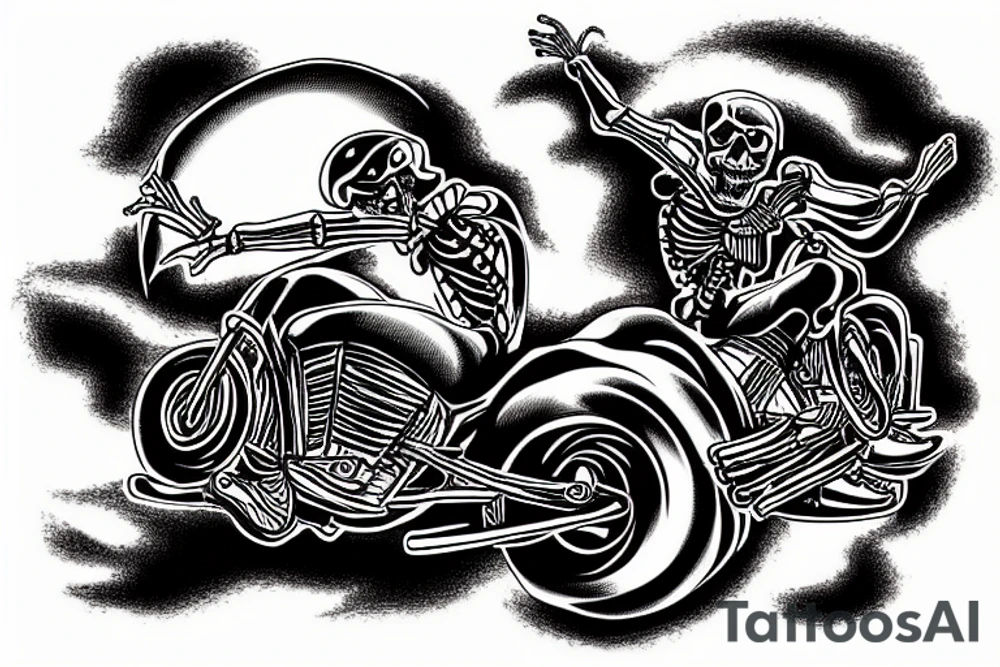 skeleton riding a motorcycle really fast in flames into the sunset tattoo idea