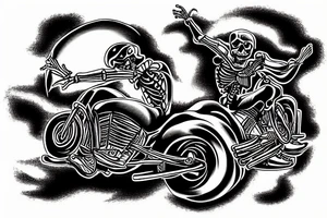 skeleton riding a motorcycle really fast in flames into the sunset tattoo idea